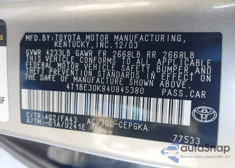 2004 Toyota Camry Xle from USA, damaged, VIN 4T1BE30K84U845380